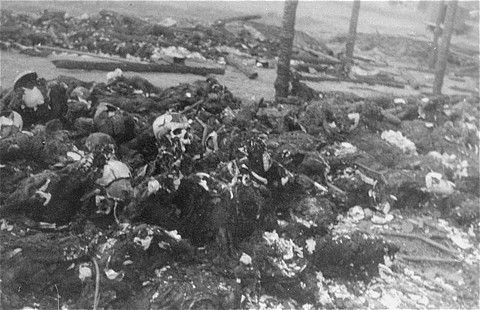 View of the charred remains of Jewish victims burned in a barn by the Germans near the Maly Trostinets